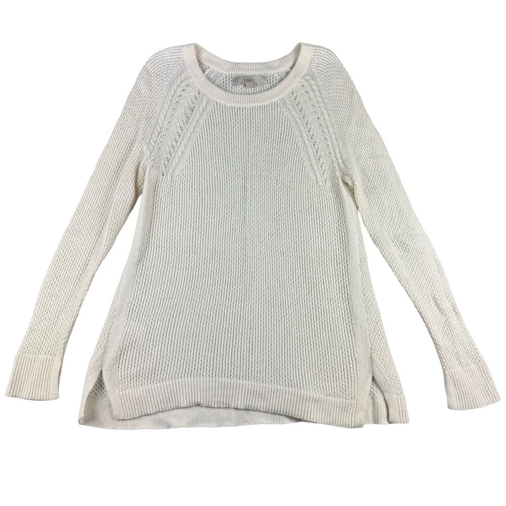 Ann Taylor LOFT Sweater Women's Small Ivory Knit Sheer Long Sleeve Cotton Blend